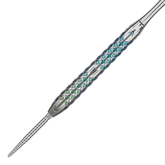 Der Target Rove 03 Swiss Point Steeldart hat ein silbernes Gehäuse mit auffälligem, farbig schimmerndem Griffmuster. Die Spitze ist fein strukturiert und sorgt für präzise Würfe.