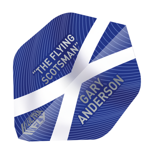UN18_69040_Unicorn_UltraFly75_Gary_Anderson_World_Champion_AR1_Flights_1 Das Bild zeigt einen blauen Dartflight mit weißem Kreuz, der an die schottische Flagge erinnert. Darauf stehen die Wörter „THE FLYING SCOTSMAN“, „GARY ANDERSON“ und „ULTRA FLY“.