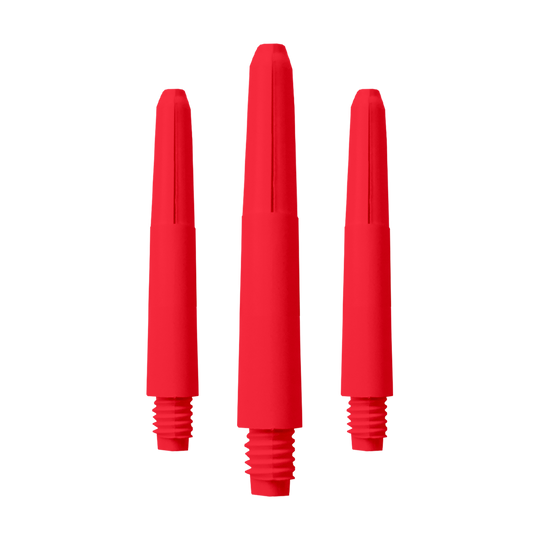 570_Nylon_Shafts_Rot_35mm_1 Das Bild zeigt drei rote Nylon-Schäfte mit Gewinde. Sie sind als Zubehör für Darts geeignet.