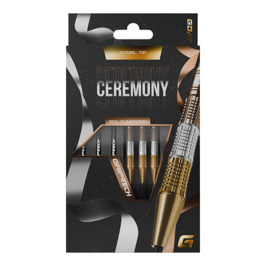 Rzutki ze stali wolframowej GOAT Ceremony Die Abbildung zeigt eine Packung „GOAT Ceremony Tungsten Steeldarts“. Die Verpackung hebt die Eigenschaften wie 90% Tungsten und Grip-Tech besonders hervor.