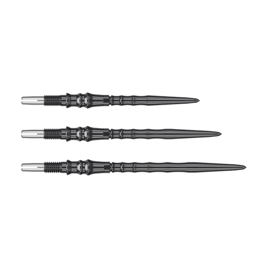 Das Bild zeigt die Target Japan Premium Swiss Point Steeldartspitzen in Schwarz. Die Spitzen sind robust und bieten einen sicheren Halt im Board.