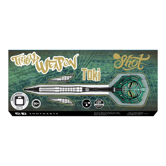 Miękkie lotki Shot Tribal Weapon Toki Das Bild zeigt die Verpackung der "Shot Tribal Weapon Toki Softdarts". Auf der Verpackung sind ein silberner Dartpfeil mit grünem Flight und verschiedene Beschriftungen abgebildet.