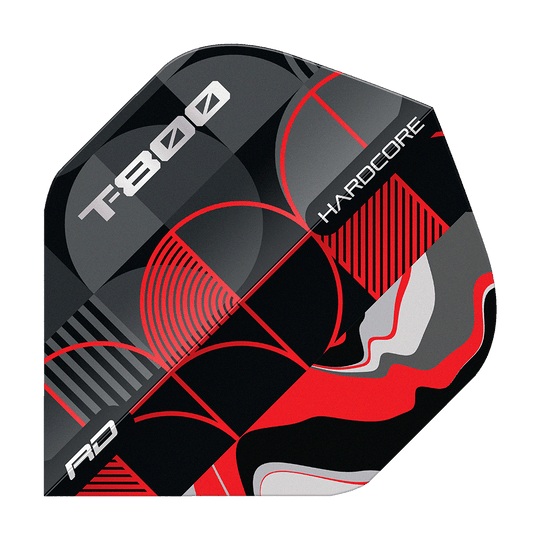 Red Dragon Hardcore T-800 No2 Standard Flights Das Bild zeigt ein Dart-Flight mit dem Namen "Red Dragon Hardcore T-800 No2 Standard Flights". Das Design ist in Schwarz, Rot, Silber und Grau mit geometrischen Mustern und den Aufschriften "T-800" und "Hardcore" gestaltet.