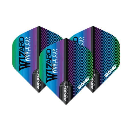 6915-253_Winmau_Prism_Delta_Wizard_Rainbow_Standard_Flights_1Qn9CGLWyzGwax Das Bild zeigt drei bunte Dart-Flights mit dem Aufdruck „WIZARD WORLD CUP SPECIAL EDITION“. Die Flights sind von der Marke Winmau und gehören zur Prism Delta Wizard Rainbow Standard Serie.