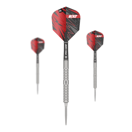 Target Sebastian Białecki GEN1 Swiss Point Steeldarts - 22g Das Bild zeigt drei Steeldarts des Modells "Target Sebastian Bialecki GEN1 Swiss Point" mit einem Gewicht von 22g. Die Darts haben silberne Spitzen und Schäfte mit roten und schwarzen Flights.