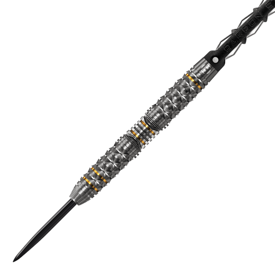 Harrows Opus Steeldarts Das Bild zeigt einen Harrows Opus Steeldart. Der Dartpfeil hat ein silbernes, strukturiertes Design mit goldenen Akzenten.
