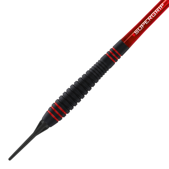 HA13722_Harrows_ACE_Rubber_Grip_Softdarts_2 Das Bild zeigt einen Harrows ACE Rubber Grip Softdart. Der Dartpfeil hat einen schwarzen, geriffelten Gummigriff mit roten Akzenten und einer Kunststoffspitze.