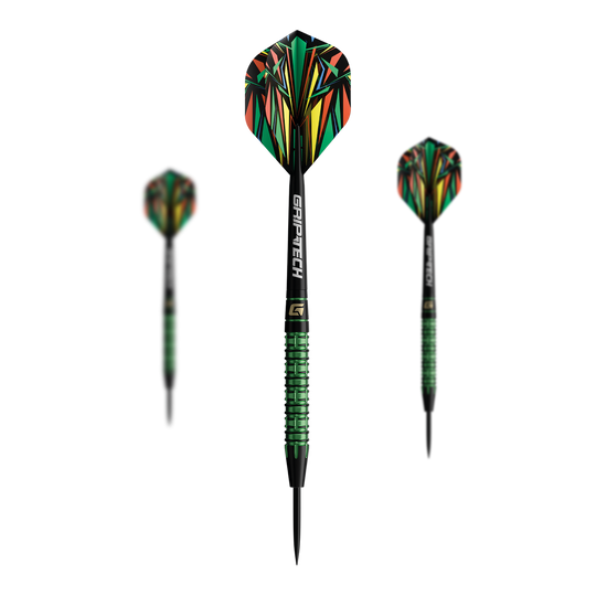 Dieses Bild zeigt die GOAT Athlete Green Tungsten Steeldarts. Auf dem Foto ist die grüne Variante der Steeldarts zu sehen.
