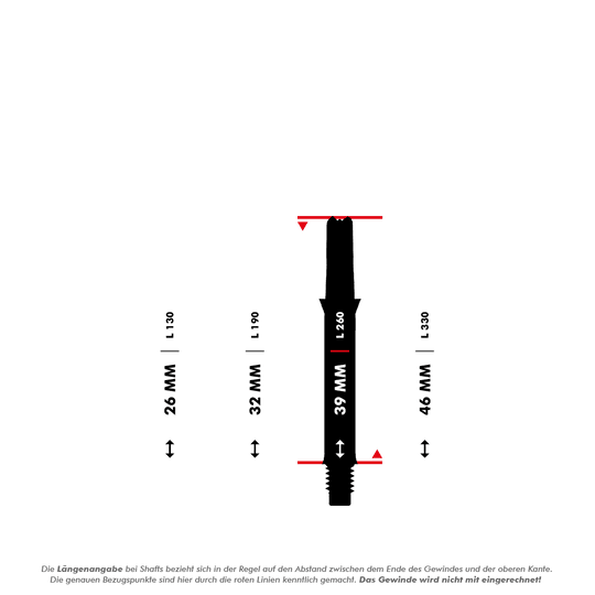 Wałki L-L-Style-Shafts Silent Straight - białe Das Bild zeigt verschiedene Längen von geraden Dartshafts, die in Millimetern angegeben sind. Die L-Shaft mit einer Länge von 39 mm ist in der Mitte hervorgehoben dargestellt.