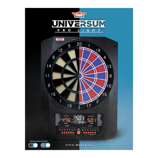 Elektroniczna tarcza do darta Bulls NL Universum Pro Light – niebiesko-czerwona Hier sieht man das Bulls NL Universum Pro Light Elektronisches Dartboard in den Farben Blau und Rot. Dieses Dartboard bietet viele Spieloptionen.