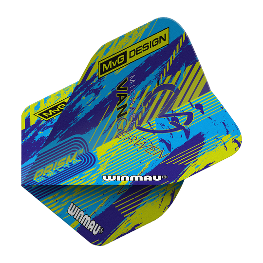Winmau Delta Michael Van Gerwen Prism 04 Loty standardowe Das Bild zeigt die Winmau Delta Michael Van Gerwen Prism 04 Standard Flights. Das Design ist bunt mit blauen, gelben und violetten Akzenten sowie dem Schriftzug „MvG DESIGN“ und „Winmau“.