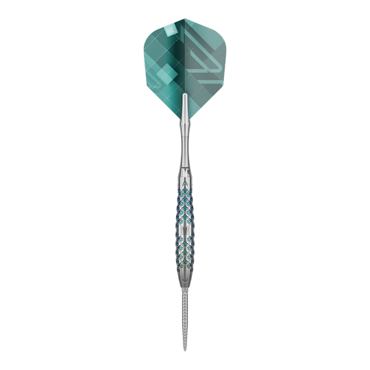 Stalowe lotki Target Rove 02 Swiss Point Das Bild zeigt einen Target Rove 02 Swiss Point Steeldart. Der Dartpfeil hat ein silbernes, strukturiertes Barrel und eine grün-blaue Flight.