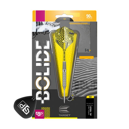 190054_Target_Bolide_02_Swiss_Point_Steeldarts_3PvzZ2TaUlqrtp Das Bild zeigt das Produkt "Target Bolide 02 Swiss Point Steeldarts" in einer auffälligen gelb-schwarzen Verpackung. Auf der Verpackung sind Informationen wie 90% Tungsten und die Produktdetails gut sichtbar.
