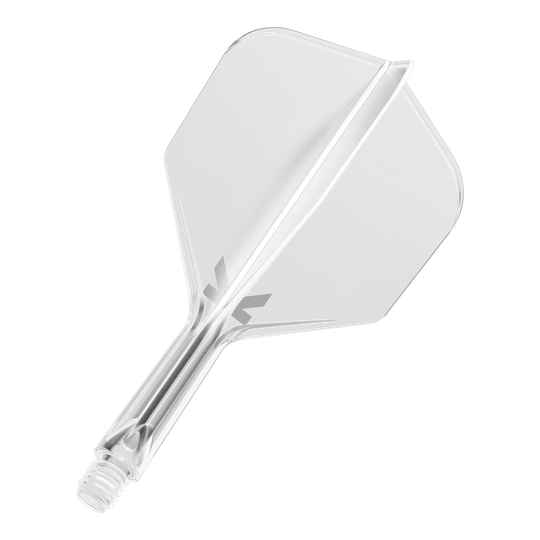 System lotu Target K-Flex No6 - przezroczysty Das Bild zeigt ein durchsichtiges Dart-Flightsystem mit einem integrierten Schaft. Es ist vor schwarzem Hintergrund abgebildet.