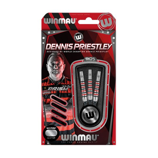 Auf dem Bild ist eine Verpackung für Winmau Softdarts mit dem Namen "Dennis Priestley" zu sehen. Die Verpackung zeigt drei Darts und ein Porträt von Dennis Priestley.