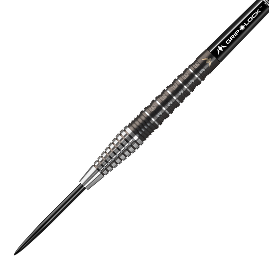 Das Bild zeigt den "Mission Makara M2 Steeldart" mit einem Gewicht von 23 Gramm. Der Dartpfeil hat eine schwarze Spitze und einen geriffelten, silber-schwarzen Griffbereich.