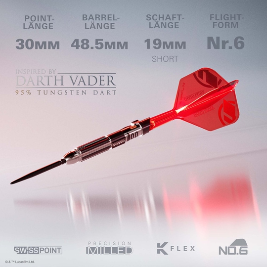 Target Star Wars Darth Vader Sith Lord Lightsaber Limited First Edition Darts - 24g Das Bild zeigt die Target Star Wars Darth Vader Light Saber Limited Edition Steeldarts - 24g. Es handelt sich um eine limitierte Edition von Dartpfeilen inspiriert von Darth Vader.