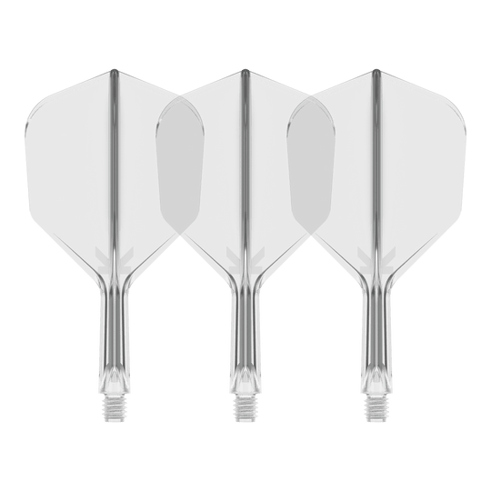 System lotu Target K-Flex No6 - przezroczysty Auf dem Bild sind drei durchsichtige Dartflights mit integriertem Schaft zu sehen. Sie stehen nebeneinander vor schwarzem Hintergrund.