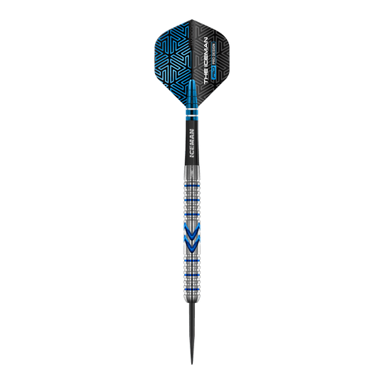 Stalowe lotki Red Dragon Gerwyn Price Iceman Midnight Edition Das Bild zeigt einen Steeldart aus der Serie "Red Dragon Gerwyn Price Iceman Midnight Edition". Der Dart hat ein silbernes und blaues Design mit schwarzen Akzenten auf dem Flight.