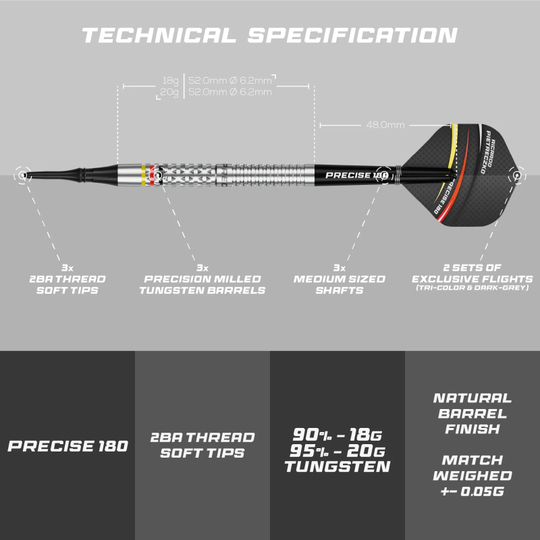 Precise 180 Ricardo Pietreczko GEN1 miękkie lotki Precise 180 Ricardo Pietreczko GEN1 Softdarts sind Softdarts mit besonderem Design. Sie eignen sich perfekt für elektronische Dartboards.