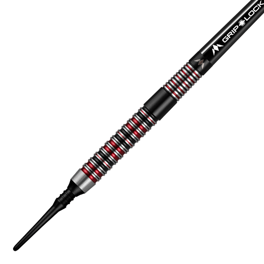 Das Bild zeigt einen Mission Red Dawn Model 1 Softdart mit einem Gewicht von 19g. Der Dart besteht aus schwarzem Material mit silbernen und roten Rillen sowie einer schwarzen Spitze.