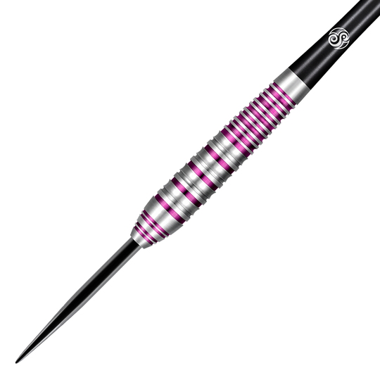 Das Bild zeigt einen silbernen Dartpfeil mit schwarzen und violetten Rillen. Der Hintergrund ist in Streifen gehalten, die die Farben des Dartpfeils widerspiegeln.