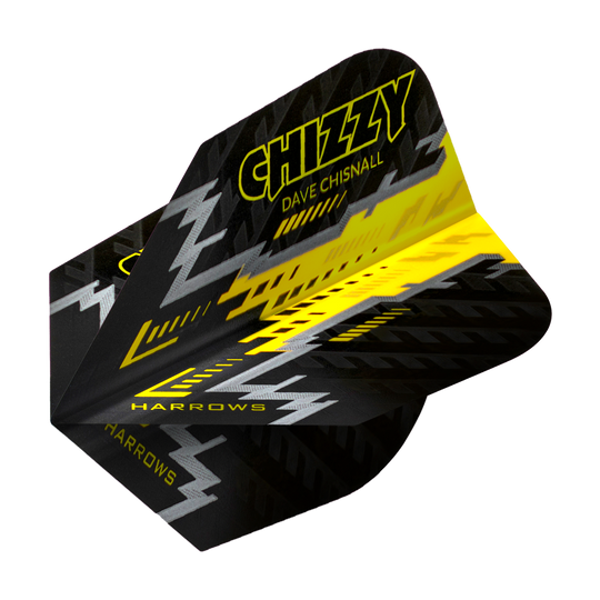 HR7532_Harrows_Dave_Chisnall_Prime_Schwarz_Gelb_No6_Flights_2 Das Bild zeigt ein Dartflight mit schwarzem, gelbem und silbernem Design. Auf dem Flight steht "Chizzy Dave Chisnall" sowie "Harrows".