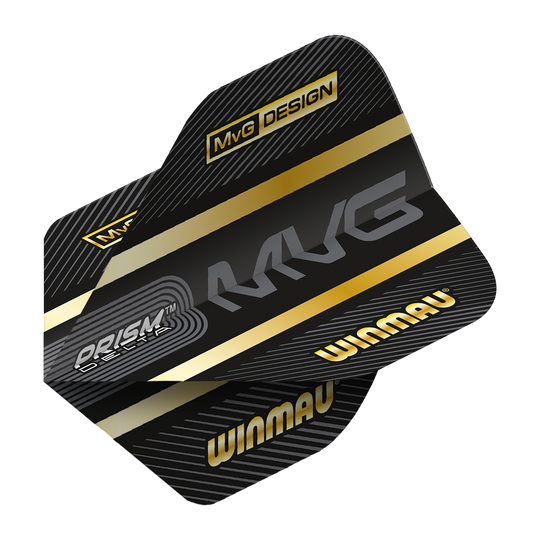 6915-238_Winmau_Prism_Delta_MvG_Standard_Flights_22wGkeLCJiNWhc Die Abbildung zeigt das Produkt "Winmau Prism Delta MvG Standard Flights". Die Flights sind schwarz mit goldenen Akzenten und tragen die Aufschriften "MvG", "WINMAU" und "PRISM DELTA".