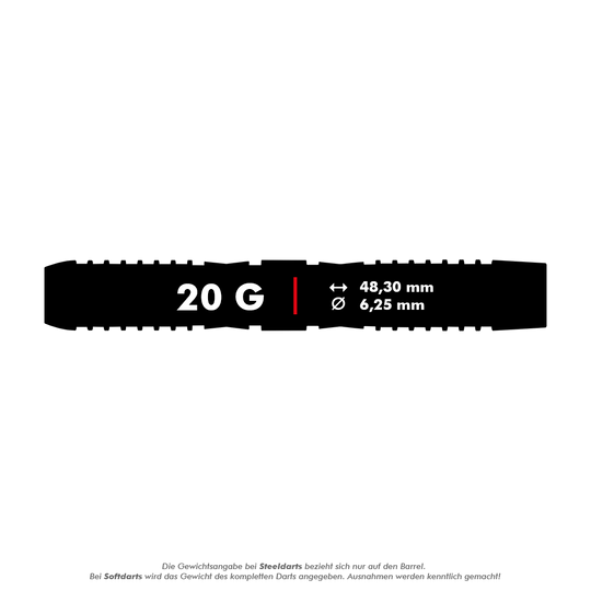 Miękkie lotki Red Dragon Panterra - 20g Das Bild zeigt die Produktangaben für die Red Dragon Panterra Softdarts mit einem Gewicht von 20 Gramm. Die Darts sind 48,30 mm lang und haben einen Durchmesser von 6,25 mm.