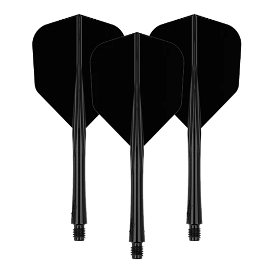 System wału lotniczego Caliburn SUP Lite No6 Das Bild zeigt drei schwarze Dart-Flights mit Schäften. Sie sind in einer aufrechten Position nebeneinander angeordnet.