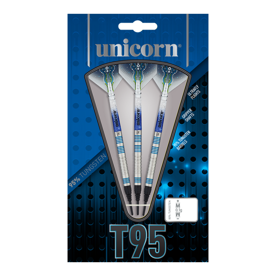 Unicorn T95 Core XL Blue miękkie lotki Das Bild zeigt die Verpackung der "Unicorn T95 Core XL Blue Softdarts". In der Packung sind drei silber-blaue Softdarts mit 95% Tungsten-Anteil zu sehen.