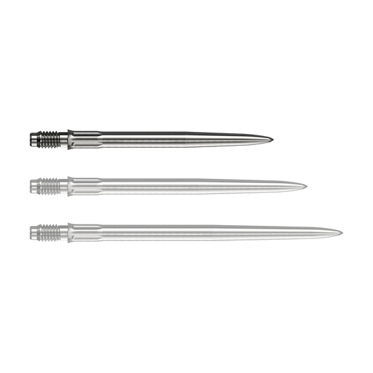 Końcówki do lotek Mission R2.5 Rapid Point SM1 – srebrne Eine silberne Dartspitze liegt vor weißem Hintergrund. Die Spitze ist eine Mission R25 Rapid Point SM1 mit einer Länge von 30mm.