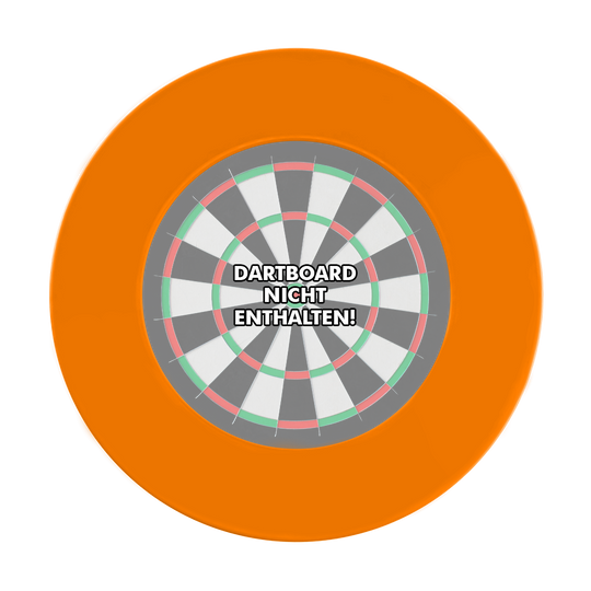 Das Bild zeigt eine orangefarbene Dartboard-Umrandung. In der Mitte steht der Hinweis: "Dartboard nicht enthalten!"