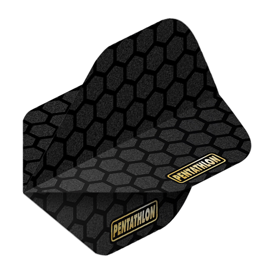 Pentathlon Flights RT Honeycomb Das Bild zeigt ein Dartflügel mit dem Namen „Pentathlon RT Honeycomb No2 Standard Flights“. Das Design ist schwarz mit einem grau-schwarzen Wabenmuster und dem Pentathlon-Logo.
