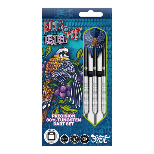 Shoty stalowe Birds Of Prey Kestrel Das Bild zeigt die Verpackung der "Shot Birds Of Prey Kestrel Steeldarts". Auf der Verpackung ist ein bunter Vogel abgebildet, und die Darts bestehen aus 80% Tungsten.