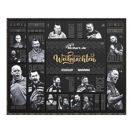 Der McDart Premium Adventskalender 2025 für Softdart-Spieler ist abgebildet. Die Adventskalender-Box zeigt ein festliches Design für Dart-Fans.