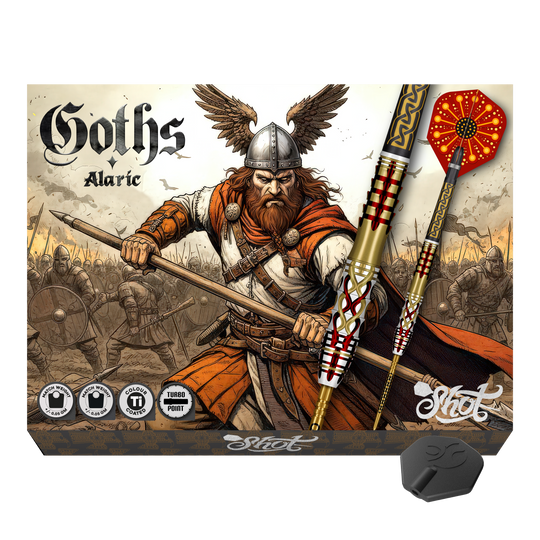 Lotki stalowe Shot Goths Alaric Turbo Point - 23 g Hier sieht man die Shot Goths Alaric Turbo Point Steeldarts - 23g. Sie sind ideal für Präzision und Kontrolle.