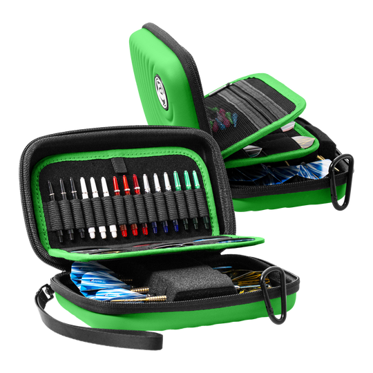 Abgebildet ist das Bulls Orbis XL Dartcase in der Farbe Grün. Es wurde speziell zum Schutz von Dartpfeilen entwickelt.