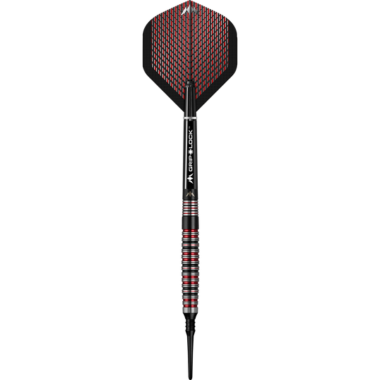 Dies ist ein Softdart aus der Serie "Mission Red Dawn Model 3" mit einem Gewicht von 20 Gramm. Der Dart hat ein elegantes Design mit schwarzen, roten und silbernen Akzenten.
