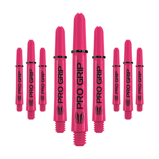 Uchwyty Target Pro Grip - 3 zestawy - różowe Das Bild zeigt neun pinke Dartshafts mit der Aufschrift "PRO GRIP". Die Shafts sind in drei Reihen angeordnet und heben sich deutlich vor dem weißen Hintergrund ab.
