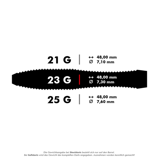 Harrows Anniversary Edition Stalowe rzutki V-Wing Das Bild zeigt die Spezifikationen von Steeldarts mit den Gewichten 21 g, 23 g und 25 g. Länge und Durchmesser der Darts sind jeweils angegeben, wobei alle Darts 48,00 mm lang sind und sich im Durchmesser unterscheiden.