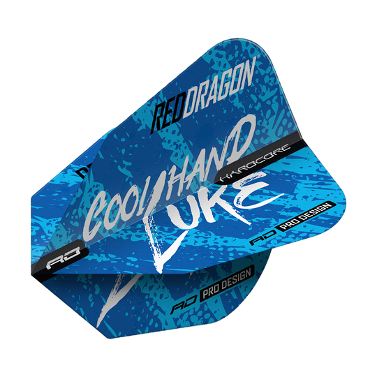 Das Bild zeigt die blauen Dart-Flights „Red Dragon Luke Humphries World Champion V-Standard“. Auf den Flights stehen die Worte „Cool Hand Luke“ und „Red Dragon“.
