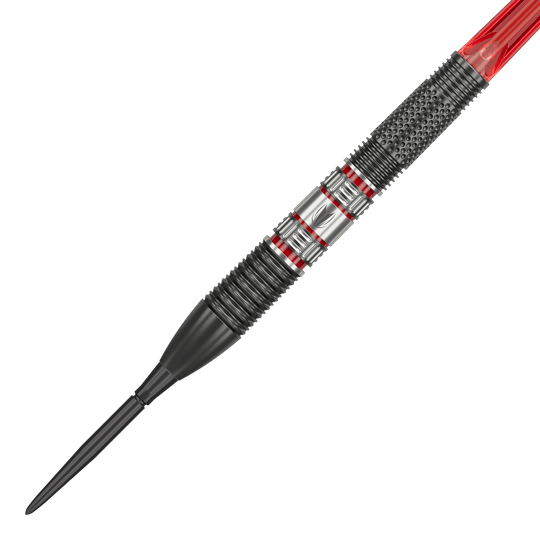 Lotki stalowe Target Gabriel Clemens 95K Swiss Point Das Bild zeigt einen Target Gabriel Clemens 95K Swiss Point Steeldart. Der Dart hat ein modernes Design mit schwarzen, silbernen und roten Akzenten.