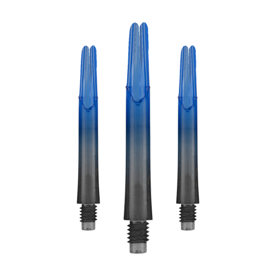Das Bild zeigt drei blaue und schwarze Dartschäfte ohne Kappen. Sie sind gerade und haben eine Länge von 39 mm.