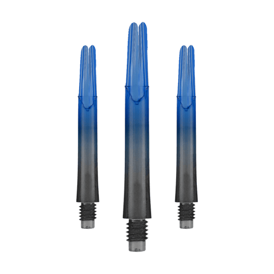 Dwukolorowe wałki L-L-Style-Shaft Locked Straight Natural9 - niebieskie Das Bild zeigt drei blaue und schwarze Dartschäfte ohne Kappen. Sie sind gerade und haben eine Länge von 39 mm.