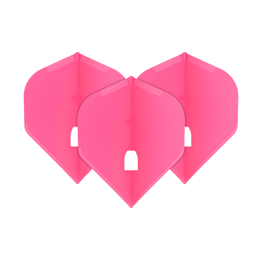 L-Style Champagne L1PRO Flights Das Bild zeigt drei pinke Dartflights in einer Standardform. Sie sind ordentlich nebeneinander angeordnet.