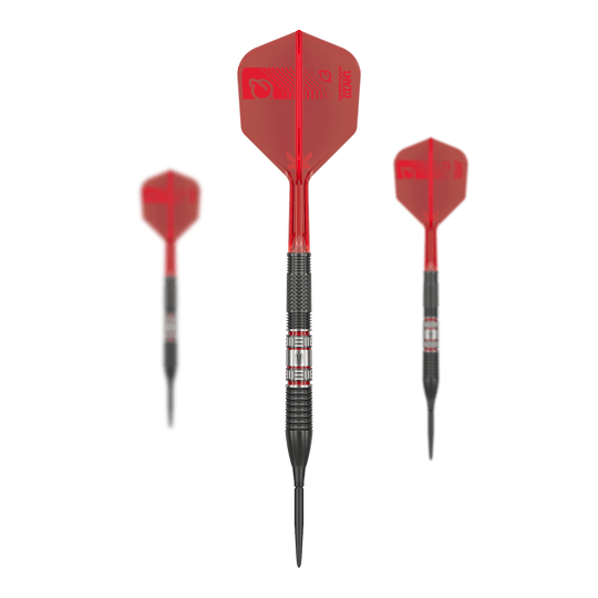Lotki stalowe Target Gabriel Clemens 95K Swiss Point Das Bild zeigt drei Steeldarts des Modells „Target Gabriel Clemens 95K Swiss Point“. Die Darts haben schwarze Spitzen, schwarze Griffbereiche und rote Flights.