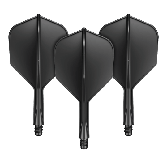 System wału lotniczego GOAT A1R No6 - czarny Das Bild zeigt drei schwarze Dart-Flights mit integriertem Shaft. Sie sind nebeneinander angeordnet und verfügen über einen kurzen Schaft mit Schraubgewinde.