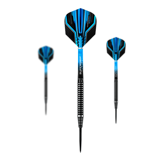 Oblężenie Harrows Steeldarts Das Bild zeigt drei Harrows Siege Steeldarts mit schwarzen und blauen Flights. Die Darts haben einen silbernen Ringgriff und einen schwarzen Schaft.
