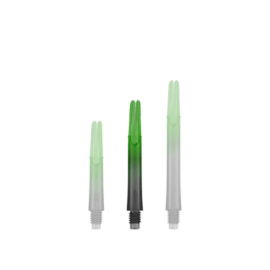 Dwukolorowe wałki w stylu L z blokadą, proste, naturalne, 9, w kolorze zielonym Auf dem Bild sind drei grün-schwarze Dartschäfte in unterschiedlichen Längen zu sehen. Sie stehen aufrecht nebeneinander auf weißem Hintergrund.